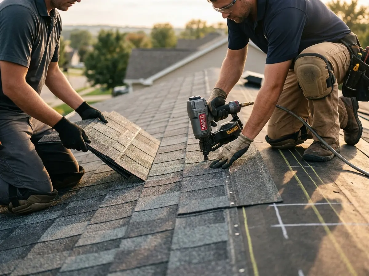 Professional roofer working on a residential roof in Lower Moreland